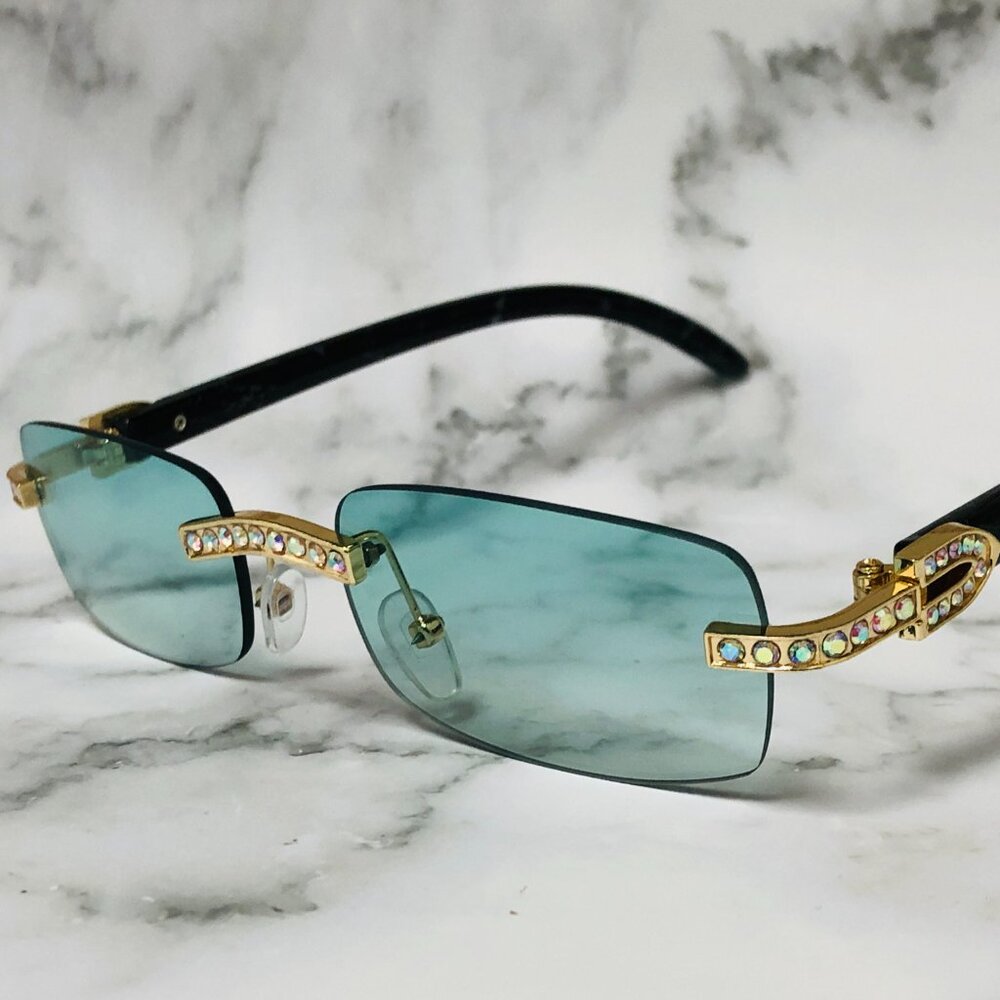 Men Women Sunglasses‎ Square Green Lens Fashion Gold Frame Rapper Icedout Lentes